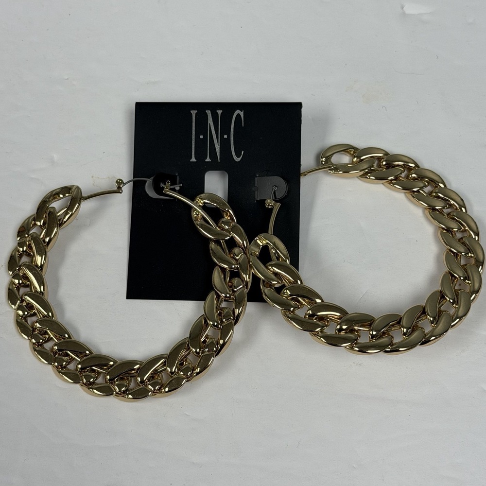 INC Chain Link Gold Color Hoop Earrings 3 1/4"